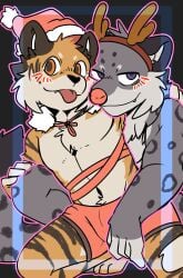 2boys anthro blush boxers bulge christmas christmas_outfit dev_(i_think_i_like_you) feline furry_only gay i_think_i_like_you looking_at_viewer male male/male male_focus male_only mammal red_(i_think_i_like_you) saku1saya snow_leopard stripes tiger underwear webcomic webtoon yaoi