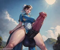 ai_generated caedyn chinese_clothes chun-li equine_penis flared_penis from_below futa_only futanari futanari_masturbation gigantic_penis horsecock horsecock_futanari huge_cock large_testicles precum precum_drip street_fighter street_fighter_6 thick_thighs veiny_penis