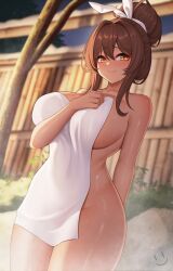 1girls blush brown_hair covering covering_breasts dark-skinned_female dark_hair dark_skin female female_focus female_only goddess_of_victory:_nikke hot_spring huge_breasts long_hair looking_at_viewer noir_(black_rabbit)_(nikke) noir_(nikke) official_alternate_costume onsen shy shy_smile smile smiling smiling_at_viewer thick_thighs towel towel_only towel_over_breasts wei_xiao yellow_eyes