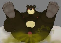 animal_crossing anthro anus ass bear bed butt_focus chubby_anthro chubby_male claws fart fart_cloud feet furniture gassy grizzly_(animal_crossing) ivory-dove legs_up lying male mammal nintendo nipples nude on_back presenting presenting_anus presenting_hindquarters smelly solo thick_thighs