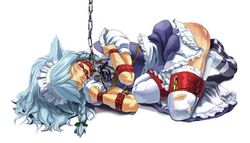 ball_gag bondage bound chains collar crotch_rope fleda gag gagged humiliation lock maid sakuya_izayoi spanked tears touhou whiffle_ball whip_marks