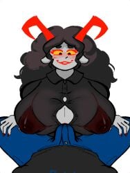 1futa 1girls animated aradia_megido big_breasts breasts bulge clothed clothing duo erection erection_under_clothes female female_focus fully_clothed futanari homestuck huge_breasts humanoid juneylewds on_back penis see-through_clothing vriska_serket