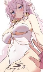 1girls belly_button belly_button_visible_through_clothing blue_eyes blush breasts caressing_head cleavage clothed clothing female female_only fingerless_glove glove hair_ornament head_pat huge_breasts indie_virtual_youtuber light-skinned_female light_skin looking_at_viewer orobou pink_hair pointy_ears rosie_(rosebell) smile solo tattoo virtual_youtuber