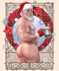 1boy 2022 artist_name ass bara barazoku beard blue_eyes christmas christmas_clothing completely_nude completely_nude_male daddy facial_hair fuhrerdoodles holidays human male male_nipples male_only manly mature_male muscles muscular_male mustache no_visible_genitalia nude_male santa_claus santa_hat smooth_skinned_male solo white_beard white_hair