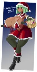 1girls alternate_breast_size basket breasts_bigger_than_head dark_skin emerald_sustrai female female_only gigantic_breasts green_hair huge_breasts hyper hyper_breasts micro_bikini odakubara red_eyes rwby santa_costume santa_hat self_upload smug_face solo tagme top_heavy