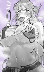 1girls absurdres blush cowboy_shot crop_top fingerless_gloves folkwang fukamichi_ran'ou gloved goddess_of_victory:_nikke greyscale hair_ornament holding_object huge_breasts long_hair looking_at_viewer monochrome navel nipple_bulge no_bra popsicle purple_background simple_background solo solo_female steam stomach sweat underboob