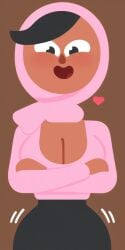 big_breasts black_eyes black_hair black_skirt breasts breasts brown_skin cleavage duolingo happy heart hijab looking_at_viewer massive_breasts muslim muslim_female open_mouth pink_shirt skirt smile zari_(duolingo)