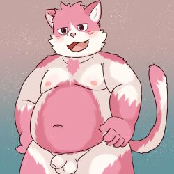 absurd_res anthro belly bungo_(tamacolle) domestic_cat felid feline felis genitals hi_res humanoid_genitalia humanoid_penis male mammal nipples penis slightly_chubby solo tamacolle yun_bino