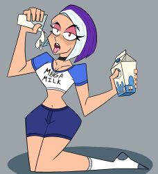 1female 1girls alternate_version_available bandage black_collar catalyst_(fortnite) clothing collar ear_piercing female female_only fortnite fortnite:_battle_royale fully_clothed fully_clothed_female glass_of_milk holding_glass holding_milk looking_at_viewer mega_milk milk milk_carton open_mouth pink_bandage purple_hair red_eyes safe_for_work simple_background simple_shading sitting socks solo solo_female solo_focus tagme tongue tongue_out white_hair