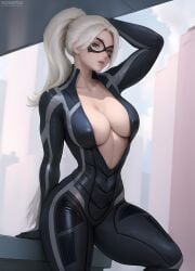 1girls ai_generated big_breasts black_cat_(insomniac) black_cat_(marvel) blue_eyes bodysuit clothed clothing felicia_hardy female female_focus female_only flowerxl hand_on_head inner_sideboob long_hair looking_at_viewer marvel marvel_comics mask masked_male solo solo_female spider-man_2_(ps5) thighs unzipped unzipped_bodysuit villainess white_hair zipper_down zipper_pull_tab