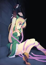 ambiguous_penetration blonde_hair blue_eyes bondage boots breasts cleavage cuffs dress female forehead_jewel highres human imminent_rape legs long_hair long_legs low-tied_long_hair murakami_suigun nipple_slip nipples panties riesz seiken_densetsu seiken_densetsu_3 shackles tear tentacle tentacle_under_clothes tentacles_under_clothes thighs underwear