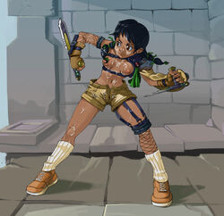 armor black_hair braid breastless_clothing breasts brown_eyes bukkake cosplay crossover cum cum_on_body cum_on_breasts cum_on_clothes cum_on_lower_body cum_on_upper_body dagger dark-skinned_female dark_skin facial female female_only fighting_stance final_fantasy final_fantasy_vii fingerless_gloves fishnet_legwear fishnets gloves hair_ribbon highres human kevinsano midriff ribbon rust short_hair shorts solo soul_calibur talim thighhighs tomboy topless turtleneck twin_braids unzipped weapon yuffie_kisaragi yuffie_kisaragi_(cosplay)