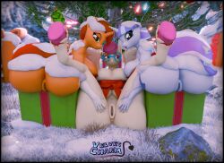 3d 3d_(artwork) blender_(software) blender_cycles blurry_background christmas christmas_lights christmas_outfit christmas_present christmas_tree detailed_hair legs_spread looking_at_viewer milf mrs._shy_(mlp) my_little_pony my_little_pony_friendship_is_magic outside public_nudity ribbon_bra sitting_on_box snow spreading_thighs stellar_flare_(mlp) teasing_viewer threesome_invitation twilight_velvet_(mlp) velvet_charm