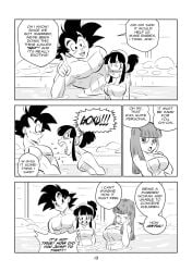 1boy 2girls big_breasts black_and_white blush breasts chichi closed_eyes comic dragon_ball dragon_ball_super dragon_ball_z funsexydragonball hot_spring monochrome page_13 son_goku suno_(dragonball) sweatdrop sweating towel yelling