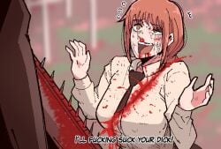 1boy 1girls 2026 begging begging_for_life begging_for_oral begging_for_sex big_breasts blood blood_on_face breasts chainsaw_man clothed clothed_female clothing color defeated defeated_villainess denji_(chainsaw_man) dialogue dominant_male english_text female female_focus femsub fully_clothed goes_hard hetero humanoid i'll_fucking_suck_your_dick_(meme) light_skin long_hair looking_at_partner makima_(chainsaw_man) male maledom mark_gavatino meme offering on_floor on_ground on_knees open_eyes open_mouth red_hair shirt straight submissive_female tagme text the_boys twitter_link yellow_eyes