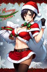 ai_generated black_hair bleach breasts brown_eyes christmas cleavage dark_hair female gloves hat lean_body merry_christmas midriff navel pantyhose sack santa santa_costume santa_hat short_hair skirt solo spiky_hair stable_diffusion tatsuki_arisawa thighhighs tomboy unstable_diffusion