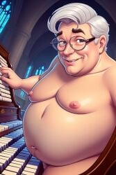 ai_generated bara bara_tits belly big_belly chubby church daddy gay glasses gordon_the_organist grey_hair happy looking_at_viewer nude older_male organist overweight_male penis_peek pipe_organ smiling stable_diffusion