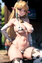 ai_generated aiposter bikini cow_ears cow_girl cow_horns looking_at_viewer micro_bikini midriff outside princess_zelda skyward_sword the_legend_of_zelda thighhighs zelda_(skyward_sword)