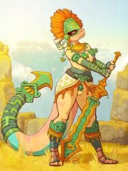 anthro areola areye_(artist) argonian armor aztec balls bethesda_softworks blush breasts chastity_cage chastity_device clothed clothing detailed_background digital_media_(artwork) feet footwear genitals girly grass gynomorph headgear headwear hi_res holding_object holding_weapon horn intersex jewelry legwear markings melee_weapon narrowed_eyes necklace nipple_piercing nipples outside piercing plant pose quivers-for-arrows reptile scales scalie skyrim solo sword tail tears_of_the_kingdom teeth the_elder_scrolls thick_thighs toes topwear weapon wide_hips