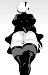 ass big_ass black_and_white clothing female from_behind khexxi nier nier:_automata short_hair skirt thighhighs upskirt white_hair yorha_2b