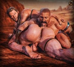 2boys 2humans 2males 3d 3d_(artwork) anilingus bara barbarian barbarian_armor barefoot beefy black_hair blonde_hair blue_eyes brown_eyes buzzcut exposed_anus exposed_ass exposed_hole feet gay gay_domination gay_rimjob gay_sex himbo male/male male_focus male_only male_penetrated male_pov masculine men_of_atlus moustache muscles muscular muscular_male mustache_stubble oc original original_characters rimjob saliva_on_tongue saliva_trail