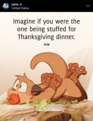 absurd_res anthro apple_in_mouth arms_tied arms_tied_behind_back bodily_fluids bound chester_the_otter english_text feet food fratboychester hi_res holidays instagram legs_tied lettuce male mammal mustelid nervous on_plate otter peta plant solo stuffed_for_thanksgiving_meme sweat text thanksgiving vegetable