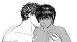 1boy 1boy1girl 1girls akistrike athletic berserk big_arms big_hands big_pecs black_hair breasts casca closed_eyes completely_nude couple dark-skinned_female dark_skin female grabbing_breasts guts_(berserk) human imminent_sex interracial kiss kissing love male monochrome muscular_male nude_female nude_male short_hair tomboy white_background wholesome