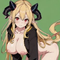 ai_generated begging begging_for_mercy begging_pose begging_to_stop blonde_female breasts elf_ears exposed_breasts female_only hoodie_lift horn horns long_hair readybat2 red_eyes sad