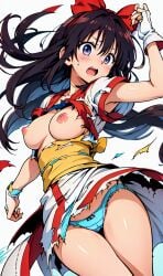 1girls ai_generated ainu_clothes female female_only fingerless_gloves hair_ribbon legs long_hair looking_down medium_breasts nakoruru nipples panties purple_eyes purple_hair samurai_shodown smile snk solo surprised swimsuit thighs torn_clothes torn_clothing