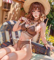 ai_generated breast brown_bottomwear brown_hair brown_topwear female hat long_hair short_hair