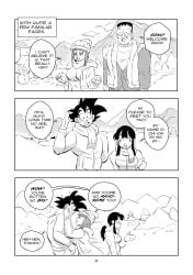 2boys 2girls android_8 big_breasts black_and_white breasts chichi comic dragon_ball dragon_ball_super dragon_ball_z funsexydragonball hat mittens monochrome page_4 scarf son_goku suno_(dragonball)