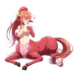 ai_generated aigbrea blush centaur centorea_shianus closed_eyes fusion hair_ornament heart high_ponytail miia_(monster_musume) monster_girl monster_musume_no_iru_nichijou red_hair scales self_breast_sucking sitting tagme taur trembling