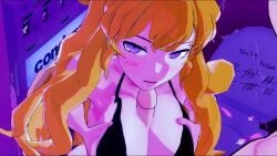 1boy 1girls animated areolae black_bikini blonde_hair blush_lines bra breasts large_breasts looking_at_viewer nipples no_sound only_top oral_sex paizuri public_toilet purple_eyes rwby short_hair stormstriker tagme tally titfuck titjob toilet video yang_xiao_long