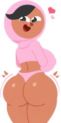 ass big_ass big_breasts black_eyes black_hair breasts brown_skin cleavage duolingo happy heart hijab looking_at_viewer looking_back massive_ass massive_breasts muslim muslim_female open_mouth pink_shirt smile thick_thighs thong zari_(duolingo)