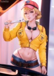 1girls ai_generated big_breasts blonde_hair car cindy_aurum clothed clothing female female_focus female_only final_fantasy final_fantasy_xv flowerxl glasses hat jean_shorts large_breasts mechanical short_hair solo solo_female thighs