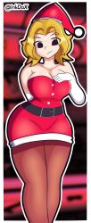 1girls 1nkdax big_breasts blonde_hair cleavage hand_on_breast looking_at_viewer medium_breasts mob_face nataly_(new_games_inspector) new_games_inspector pantyhose santa_costume santa_hat standing thick_thighs