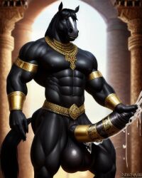 ai_generated anthro egyptian equid equine gold_bracelet gold_jewelry horse horse_penis horsecock huge_balls huge_cock lonely_man monster monster_cock muscular muscular_anthro muscular_male original_character xenthul