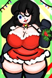 1girls bbw black_hair blue_eyes christmas_outfit chubby_female fat_female female female_only holly_(plant) human long_hair mii mob_face mole_on_breast nintendo no_visible_genitalia original_character pale_skin puddinpuddgi pudgi420 red_berries solo spiky_leaves toony winking_at_viewer