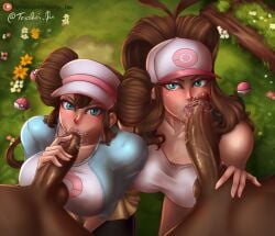 2boys 2girls artist_name blowjob blue_eyes breasts brown_hair clothed clothing dark-skinned_male dark_skin fellatio female female_focus foursome game_freak hat hilda_(pokemon) light-skinned_female light_skin long_hair male male/female oral oral_penetration oral_sex penis penis_in_mouth pokemon pokemon_bw pokemon_bw2 rosa_(pokemon) tessreidex unseen_male_face