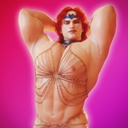 3d arms_behind_head bara chains choker collar dio_brando diosboobrest ginger ginger_hair headband jojo's_bizarre_adventure looking_at_viewer muscular_male posing smirk stardust_crusaders vampire