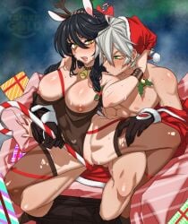 1boy 1boy1girl 1girl 1girls ambiguous_penetration arc_system_works areolae big_breasts black_hair blazblue blush breasts candy_cane christmas crossover crossover_pairing hetero_sex heterochromia heterosexual light-skinned_female light-skinned_male light_skin male/female nipples pussy ragna_the_bloodedge reindeer_antlers reindeer_costume santa_costume santa_hat straight sweat taihengold tales_of_(series) tales_of_berseria teasing teasing_pussy vagina velvet_crowe white_hair yellow_eyes