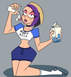 1female 1girls alternate_version_available bandage black_collar catalyst_(fortnite) clothing collar ear_piercing female female_only female_solo fortnite fortnite:_battle_royale fully_clothed fully_clothed_female glass_of_milk holding_glass holding_milk looking_at_viewer mega_milk milk milk_carton open_mouth pink_bandage purple_hair red_eyes safe_for_work simple_background simple_shading sitting socks solo solo_female solo_focus tagme tongue tongue_out yellow_hair