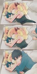 1boy 1girls azumi_(myameco) bed breasts closed_eyes comic couple cuddling ereshkigal_(fate) fate_(series) female fujimaru_ritsuka_(male) hug laying_on_bed male plushie sleeping smile wholesome