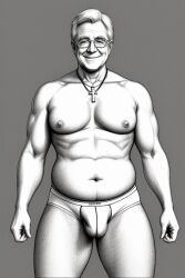 ai_generated bulge christianity cross dad_bod daddy glasses gordon_the_organist greyscale mature_male monochrome older_male priest smiling_at_viewer solo_male stable_diffusion underpants white_hair white_underwear