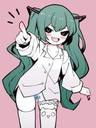 1girls akableak bar_censor black_eyes card cat_legwear cute_fang female female_only hatsune_miku kneesocks legwear light-skinned_female light_skin mesugaki_miku mimukauwa_nice_try_(vocaloid) mv_character no_panties pointing pointing_at_viewer pussy ring_eyes sassy simple_background tagme teal_hair twintails uniform uno_card