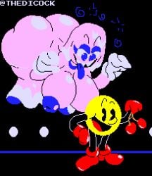 1boy 1girls areolae ass big_breasts breasts female full_body ghost ghost_girl huge_ass naked naked_female nipples nude nude_female obliques open_mouth open_smile pac-man pac-man_(series) pinky_(pac-man) smile thedicock