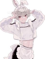 1boy 1femboy arms_up blush blush blushing_at_viewer bunny_boy bunny_ears femboy grey_hair looking_at_viewer maid_outfit male male_only only_male pink_eyes potti-p short_hair smile smiling_at_viewer teeth white_background