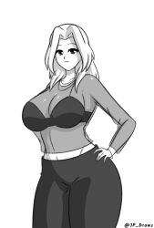 big_breasts bra clothing hand_on_hip jp_draws long_hair looking_at_viewer monochrome nataly_(new_games_inspector) new_games_inspector smile thick_thighs transparent_clothing