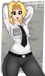 1girls 1nkdax arms_behind_back big_breasts blonde_hair formal formal_wear medium_hair nataly_(new_games_inspector) new_games_inspector standing surprised surprised_expression tie tight_clothing