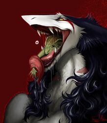 couple dragon drool fangs female feral fur furry heart long_tongue maw multicolored_hair open_mouth rain_silves saliva scar sergal size_difference teeth tongue trancy_mick vore willing_prey yellow_eyes